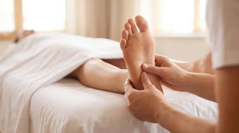 Therapist giving a foot reflexology treatment