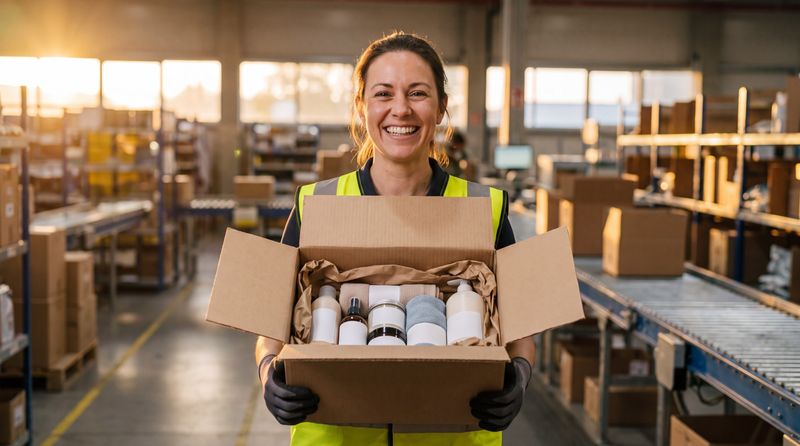 Beauty and wellbeing product supplier holding a packed box of skincare products